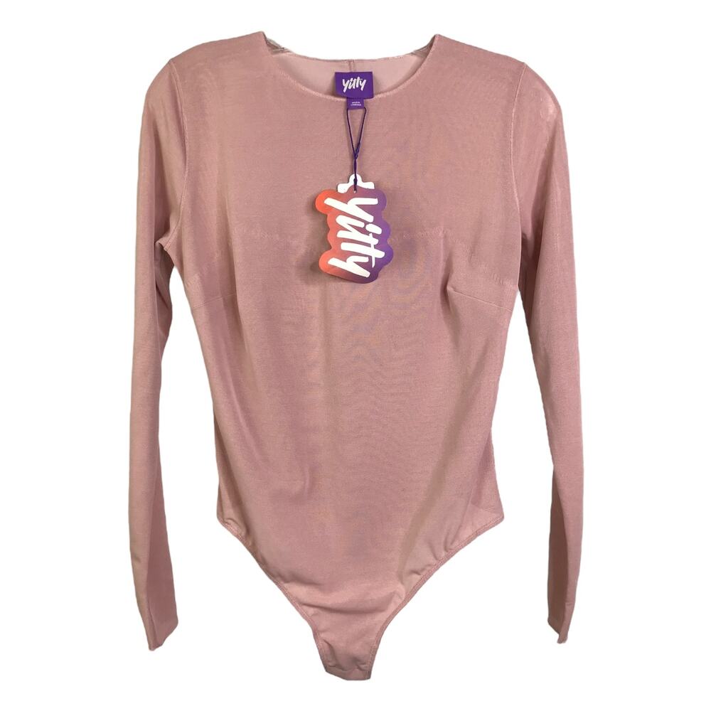 Yitty Bodysuit Women's Sz S Pink/ Skintone Mesh Me Smoothing‎ Sleeved Thong NWT